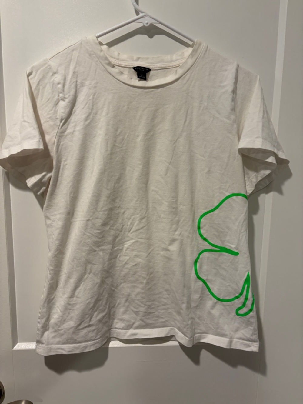 Ann Taylor White Crewneck Tee with Neon green clover detail